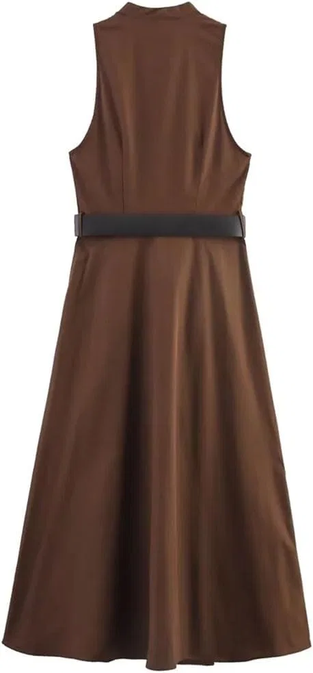 Женское летнее платье-макси с V-образным вырезом и поясом, Dark Brown — фото 3