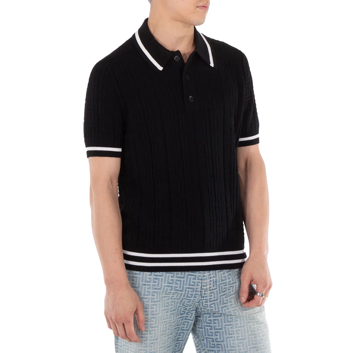 Мужской поло из шерсти с принтом 4G Knitted Wool Polo Shirt Balmain, Noir Blanc — фото 2