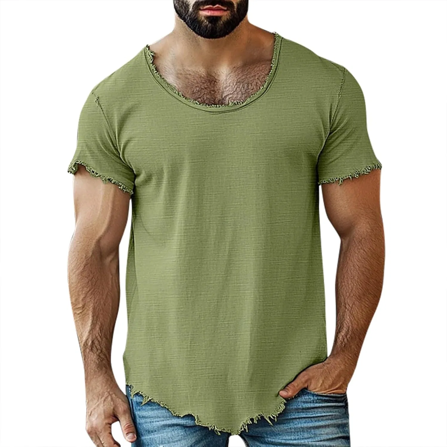 Мужская футболка с коротким рукавом из хлопка и льна Miyaomn, Army Green