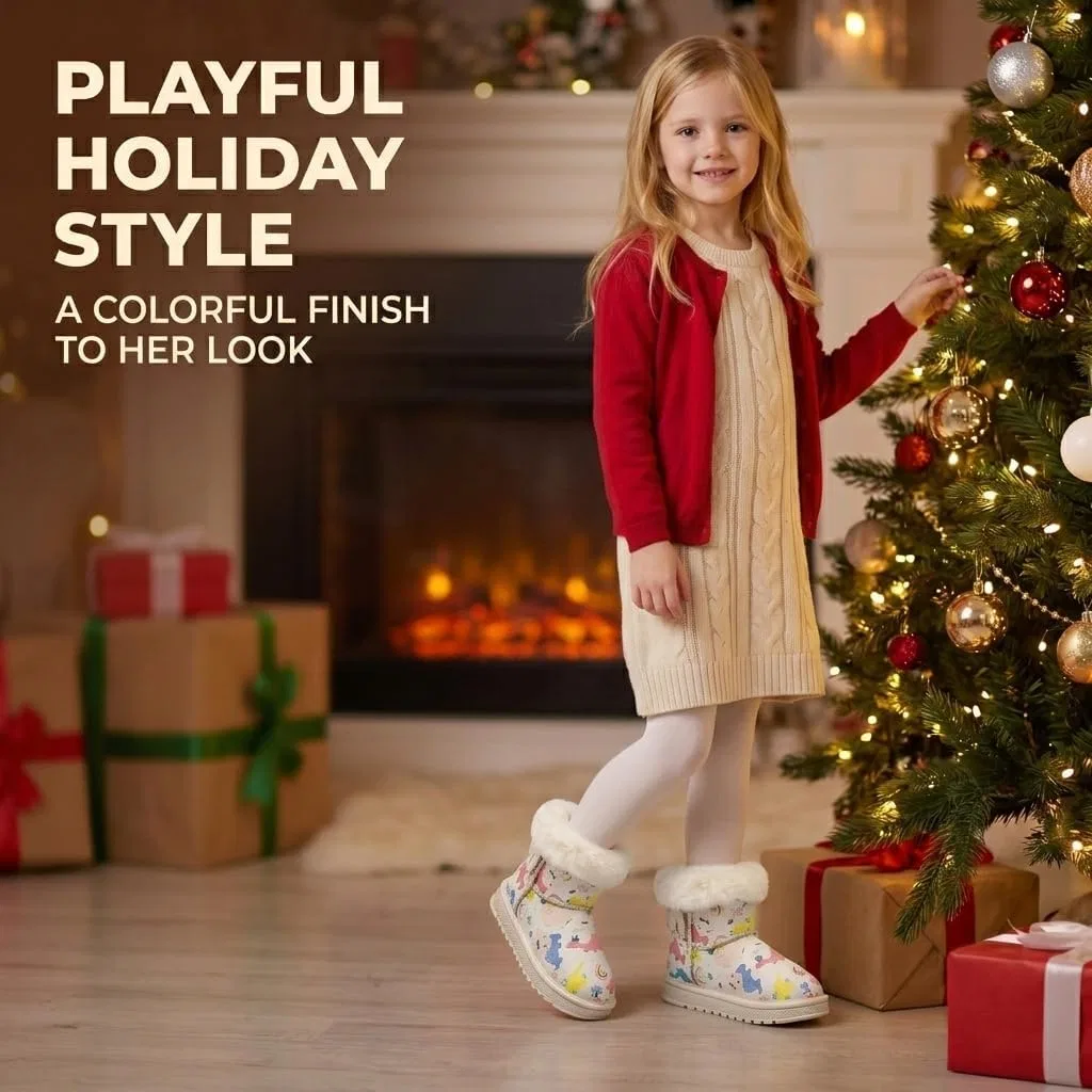 Детские сапоги для девочек с принтом Unicorn Christmas Winter Boot Sugmzox, White Dino — фото 3