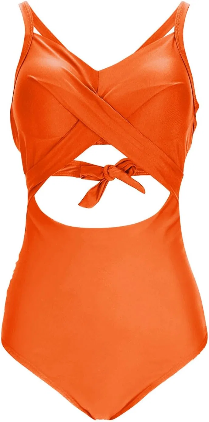 Женский слитный купальник с утяжкой живота и вырезами, Orange — фото 4