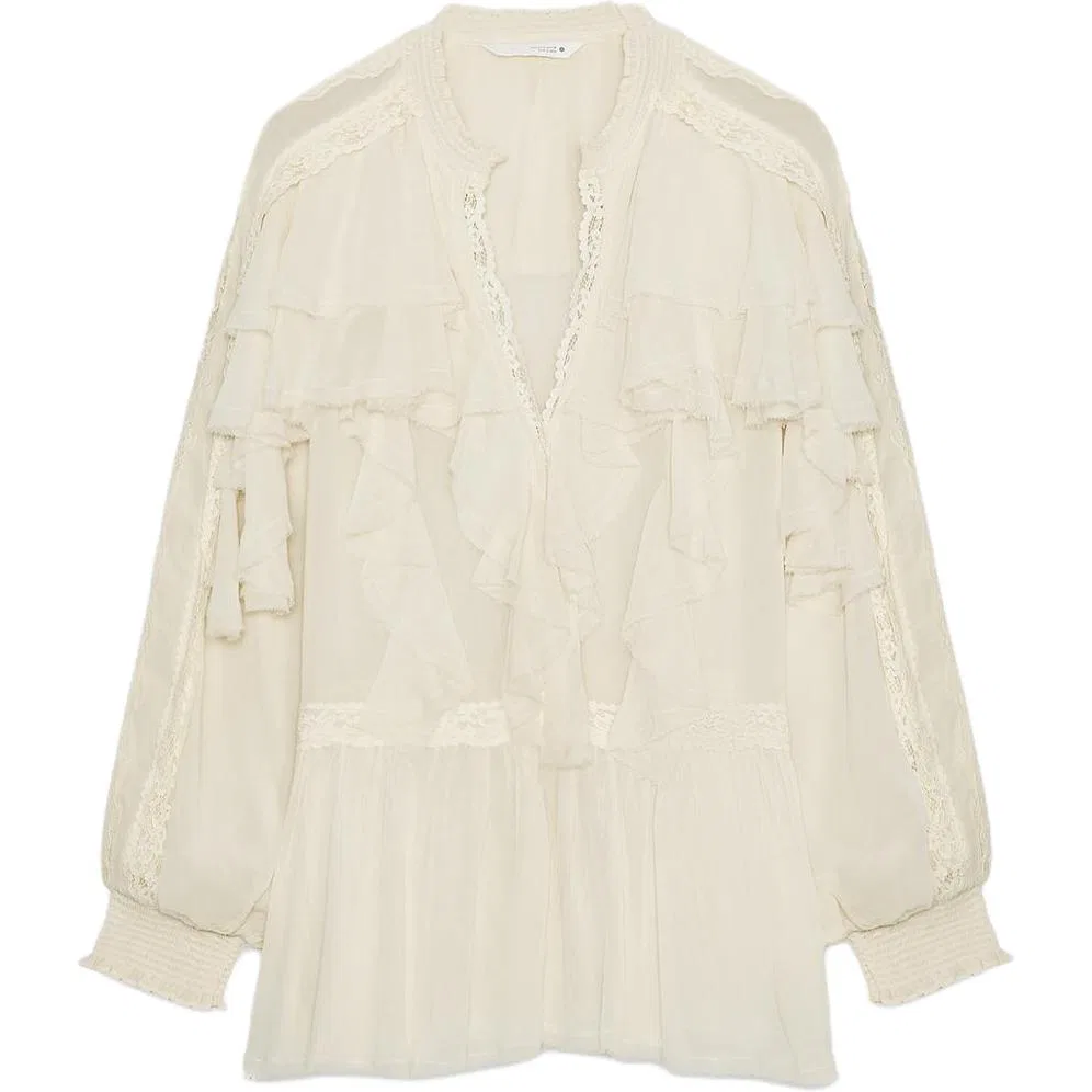 Женская рубашка с круглым вырезом, белая, ZARA, Raw White