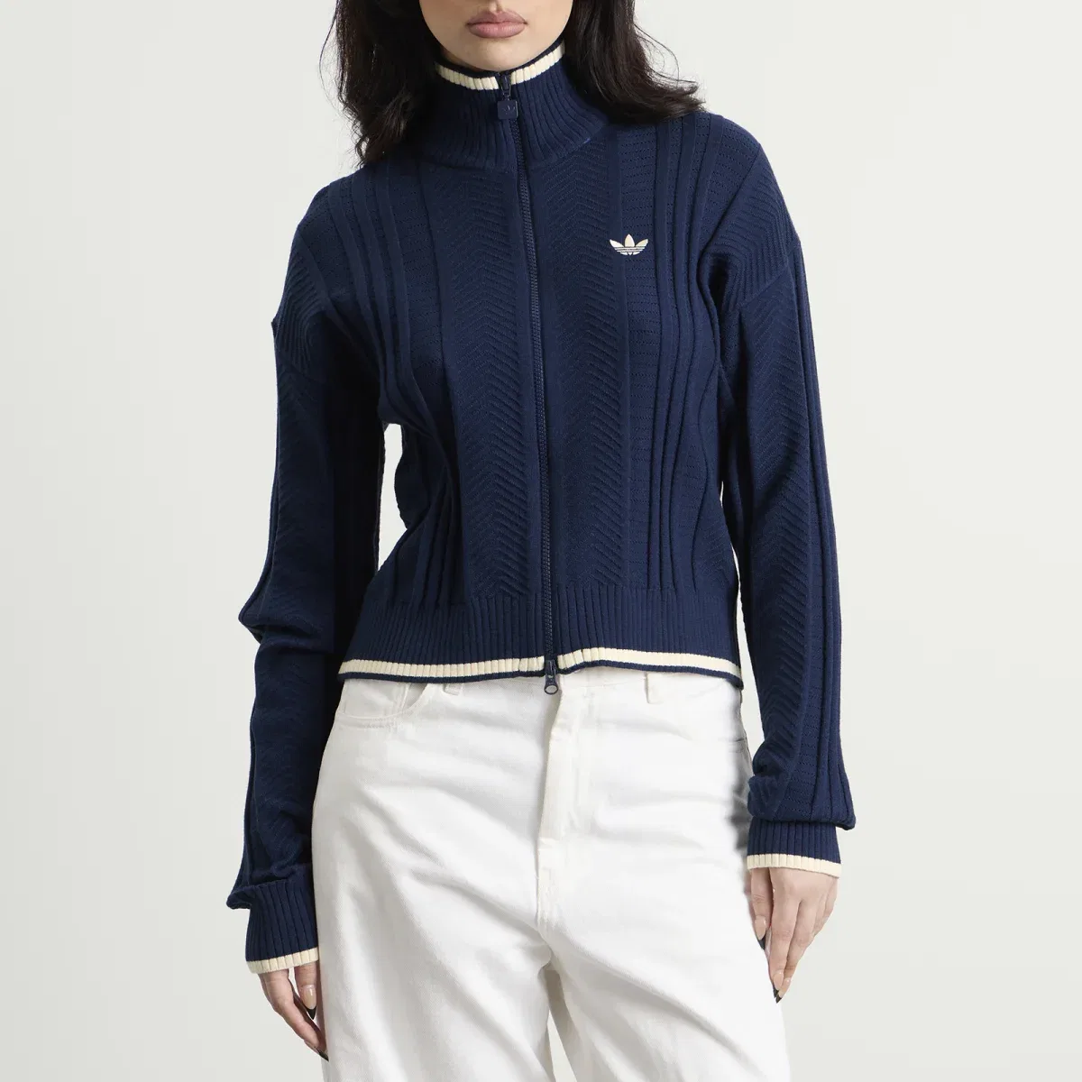 Женский топ-кроп с высоким воротником и молнией Knit Firebird Track Top Adidas, Night Indigo — фото 2