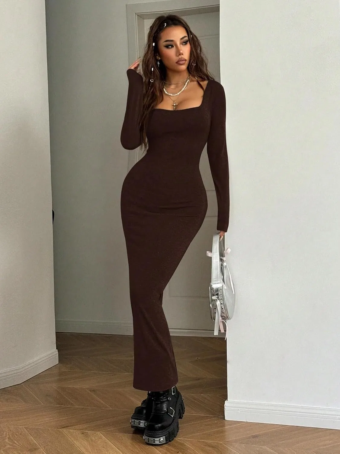 Женское облегающее платье с квадратным вырезом Solid Color, Brown — фото 4