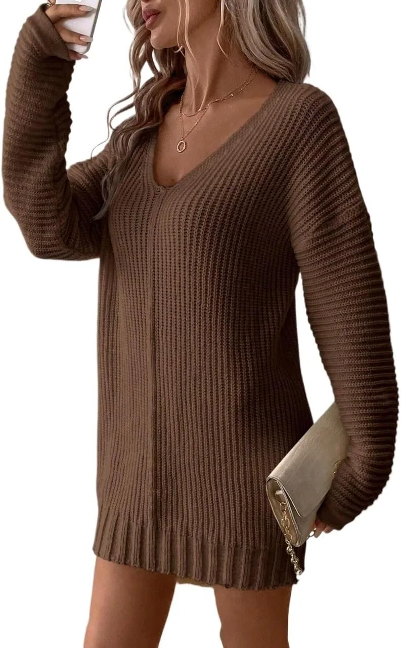 Женское свободное платье с V-образным вырезом Coffee Brown — фото 3