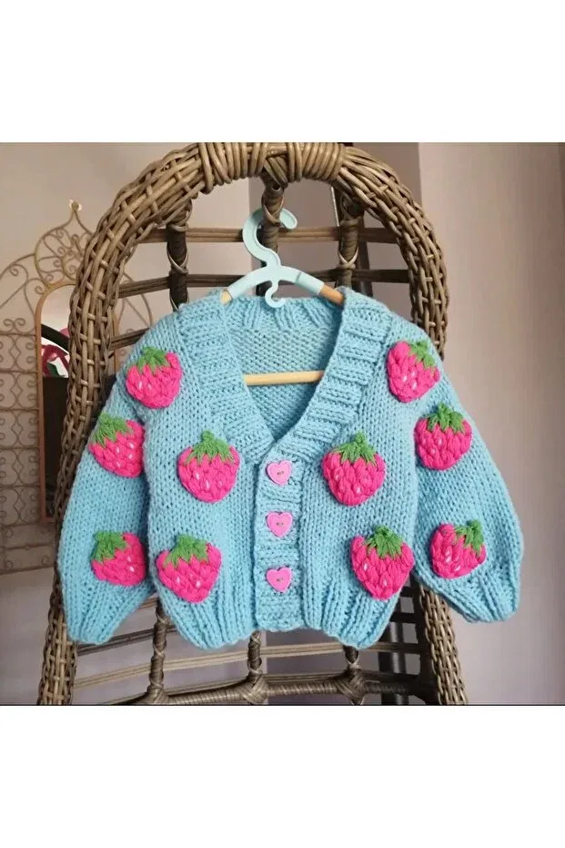 Детский вязаное кардиган для девочек с принтом Hand knitted strawberry detailed baby girl El Örgüsü, Blue