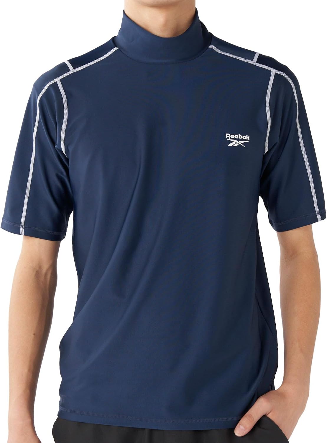 

Мужская футболка-рашгард Reebok 420780C, пуловер, модель Amphibious, с высоким воротником, коротким рукавом, белый/темно-синий