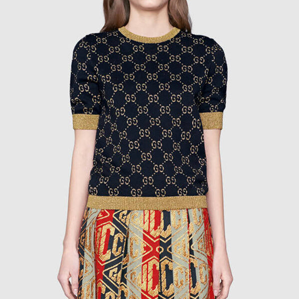 Футболка gg cotton silk short sleeve top shirt navyblue Gucci, синий — фото 2