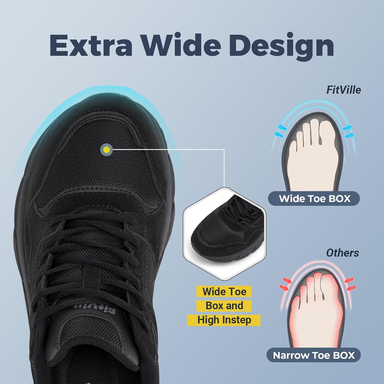Мужские кроссовки FitVille Extra Wide Walking Shoes с широкой колодкой, поддержкой свода стопы и облегчением боли в пятках при плоскостопии - Rebound NEO V2, черный — фото 2