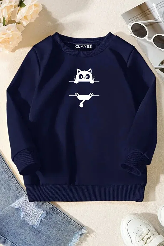 Детские свитшот для девочек с принтом Unisex navy blue kids crew neck sweatshirt - stripe cat Sweetline, White