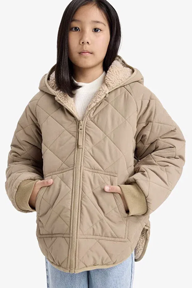 Детское пальто для девочек стеганое Double-Sided hooded zippered quilted beige girl's coat c5770a8/bg406 Defacto, Beige