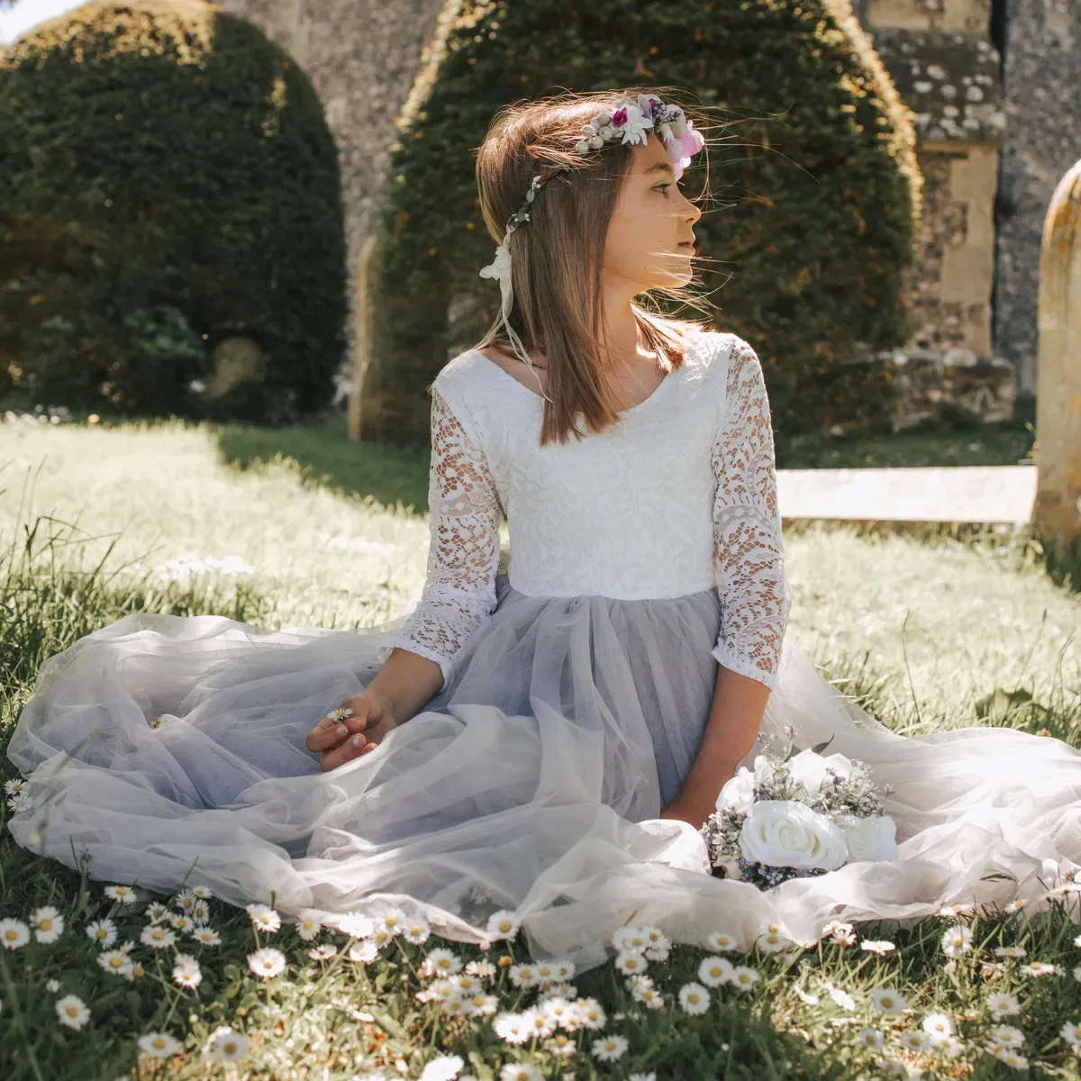 Детское классическое платье с длинным рукавом Bohemian Uk Flower Girl Boutique, Silver