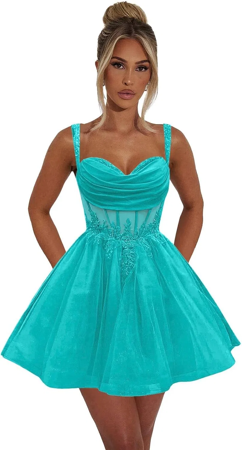 Платье короткое с кружевными аппликациями YHW76, Turquoise