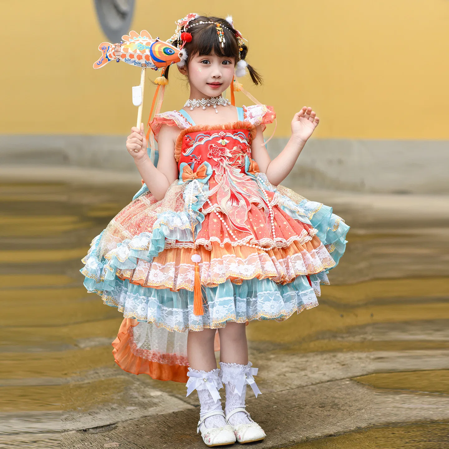 Детское платье для девочек с поездом и нижней юбкой Orange Dress+Train+Petticoat YALU — фото 3
