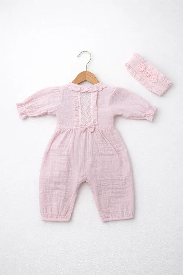 Детский комбинезон для девочек хлопковый Floral Detailed Muslin Kardeşler Bebe, Pink — фото 2
