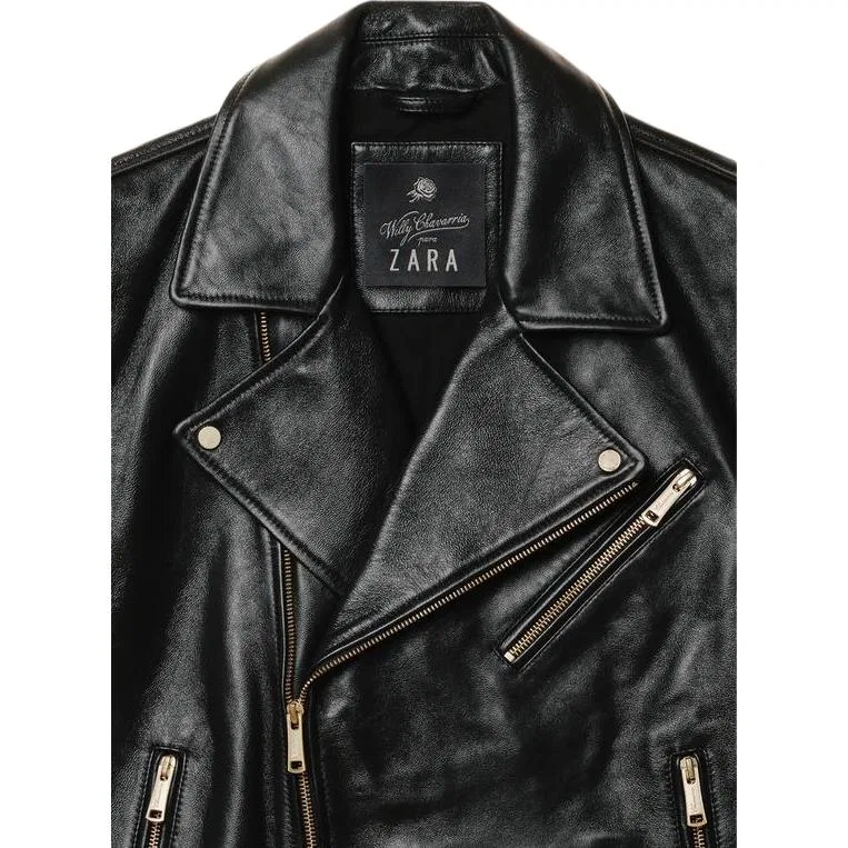 Мужская кожаная куртка с лацканами, Black, ZARA — фото 4