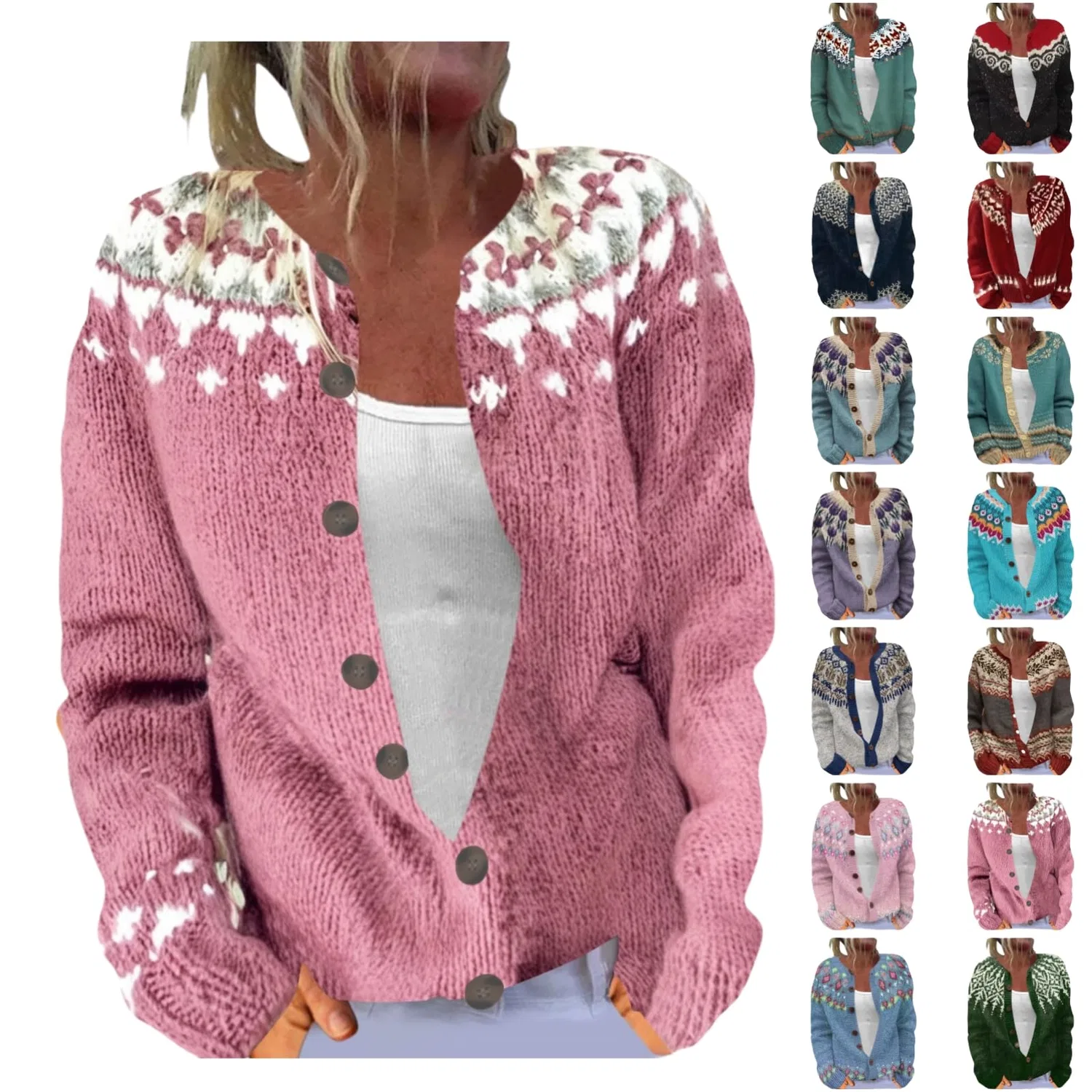 Женский кардиган с нордическим узором Fair Isle с длинным рукавом, Mint Green-b — фото 4