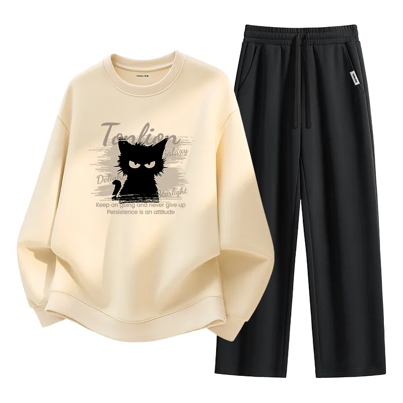 Детский комплект из свитшота и брюк с принтом Cool Cat Print Tonlion, Бежевый И Черный