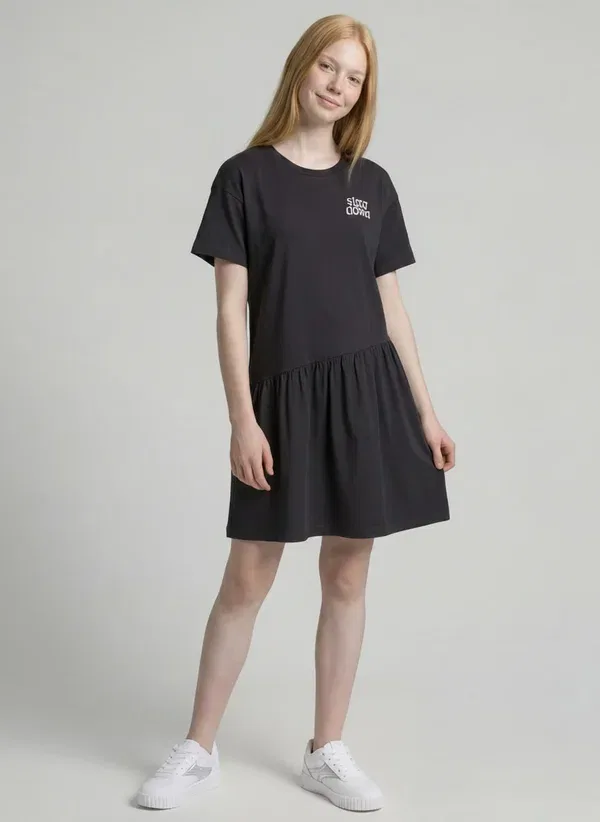 Платье хлопковое Mini-kleid Mit Print Tom Tailor, coal grey, серый — фото 2