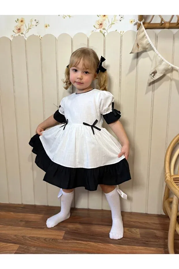 Детское платье для девочек хлопковое Defne Girl Dress-Short Sleeve Pinkitokids, Black And White — фото 2