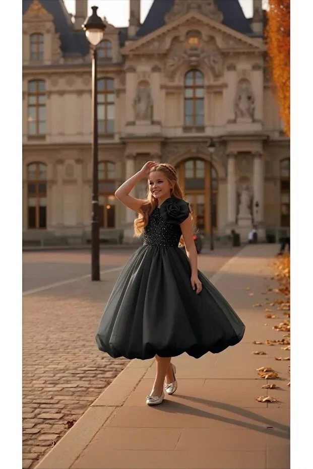 Детское платье для девочек без рукавов Balloon Skirt Tulle Detailed Pixinadeluxe, Black