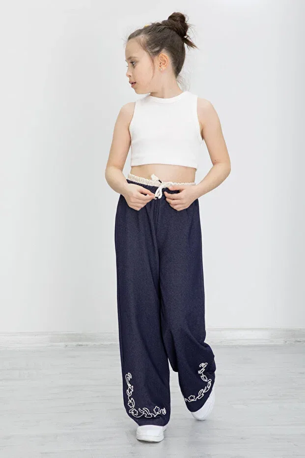 Детские брюки для девочек широкие с вышивкой Cansın Mini, Navy Blue — фото 4