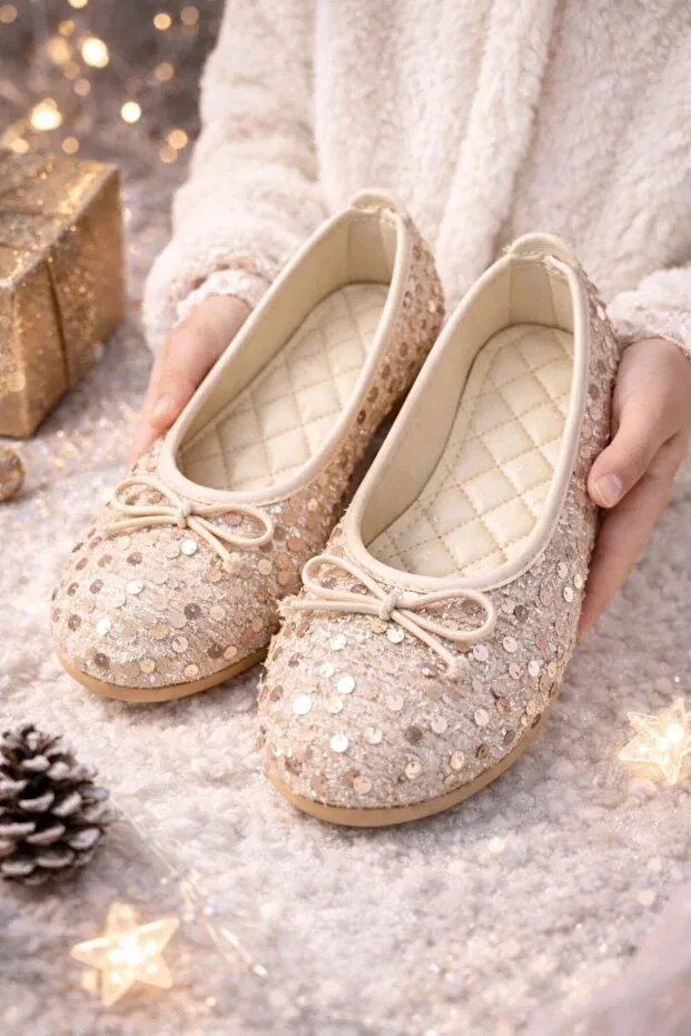 Детские балетки для девочек с бантом Slipcat, Sequined Cream — фото 3