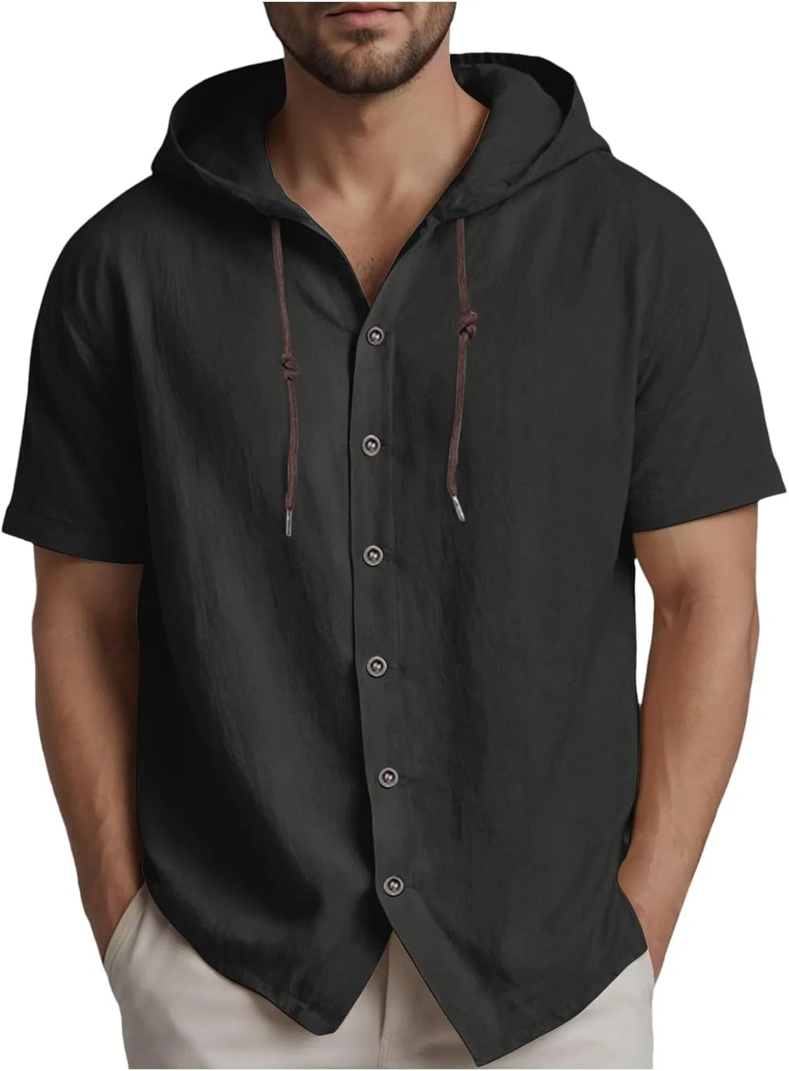 Мужская льняная рубашка с капюшоном легкая Casual, Black