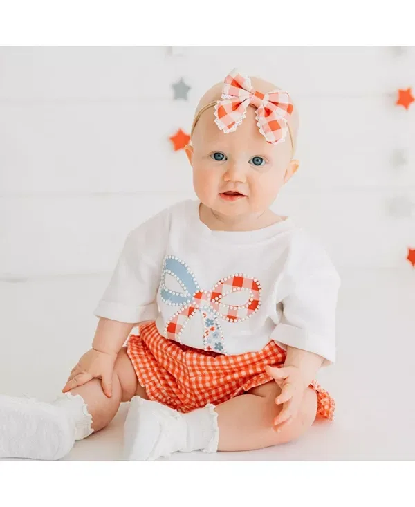 Детский боди-комбинезон для девочек с коротким рукавом Patchwork Bow Patch Sweet Wink, белый — фото 3