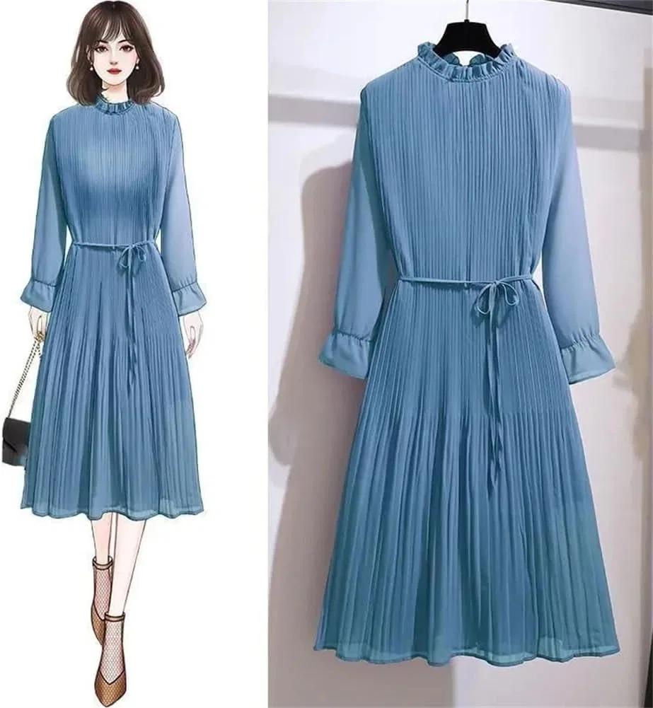 Женское платье с воротником-стойкой складками Casual Solid, Blue — фото 2