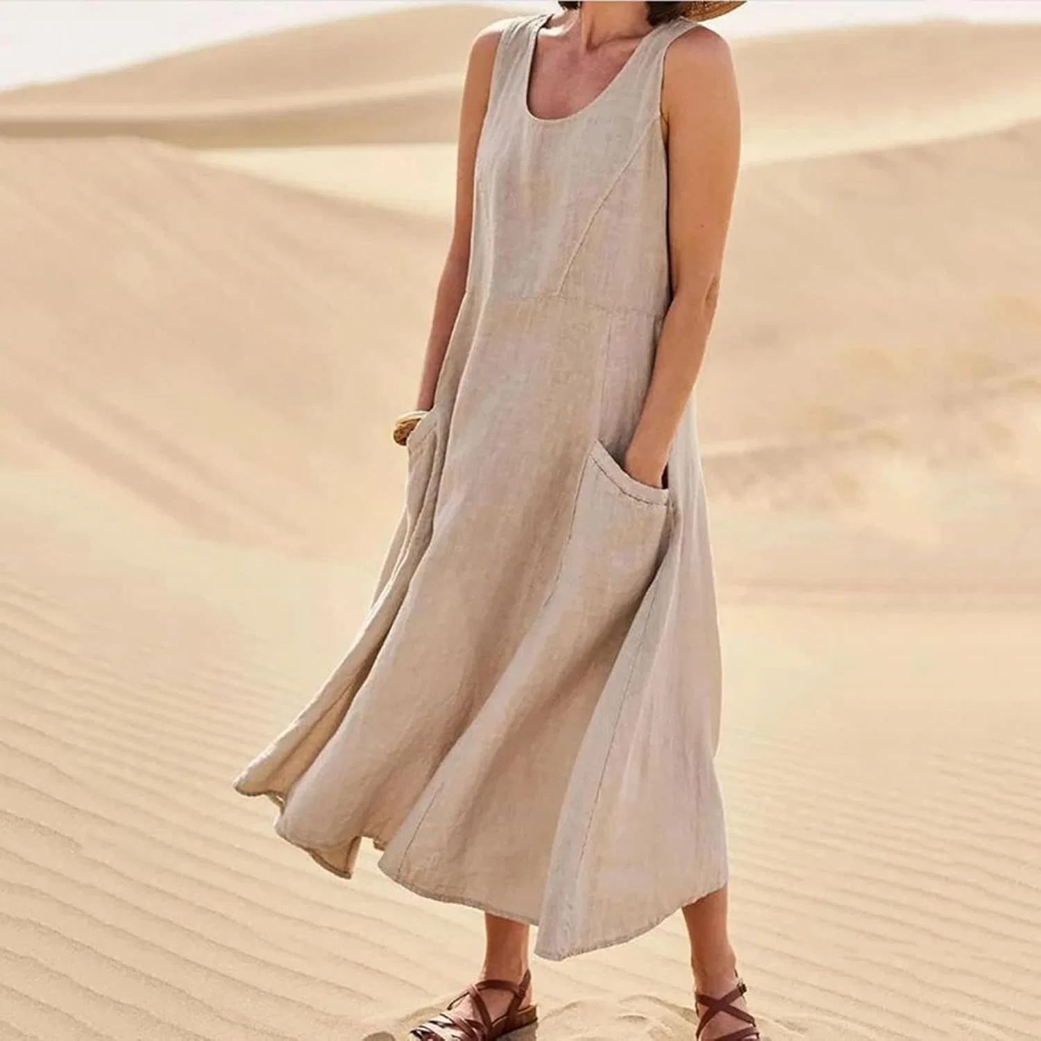 Женское свободное макси-платье из хлопка и льна, Khaki — фото 2