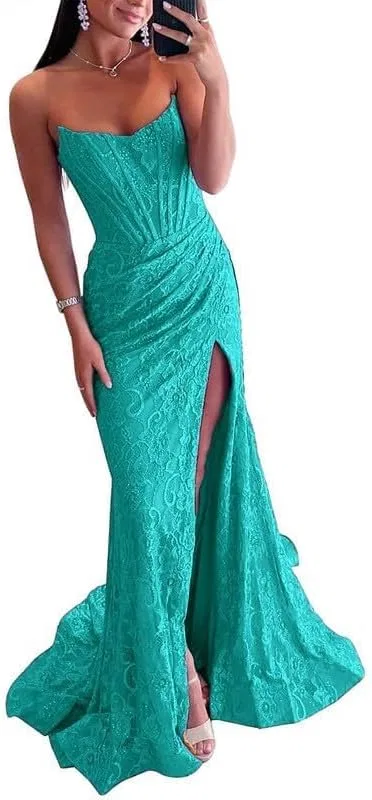 Женское длинное кружевное платье-русалка без бретелек с разрезом, Turquoise