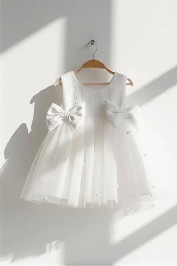 Детское платье для девочек с принтом Brocade white dream tulle rose detailed bow evening dress Bertuğ Bebek, White — фото 3