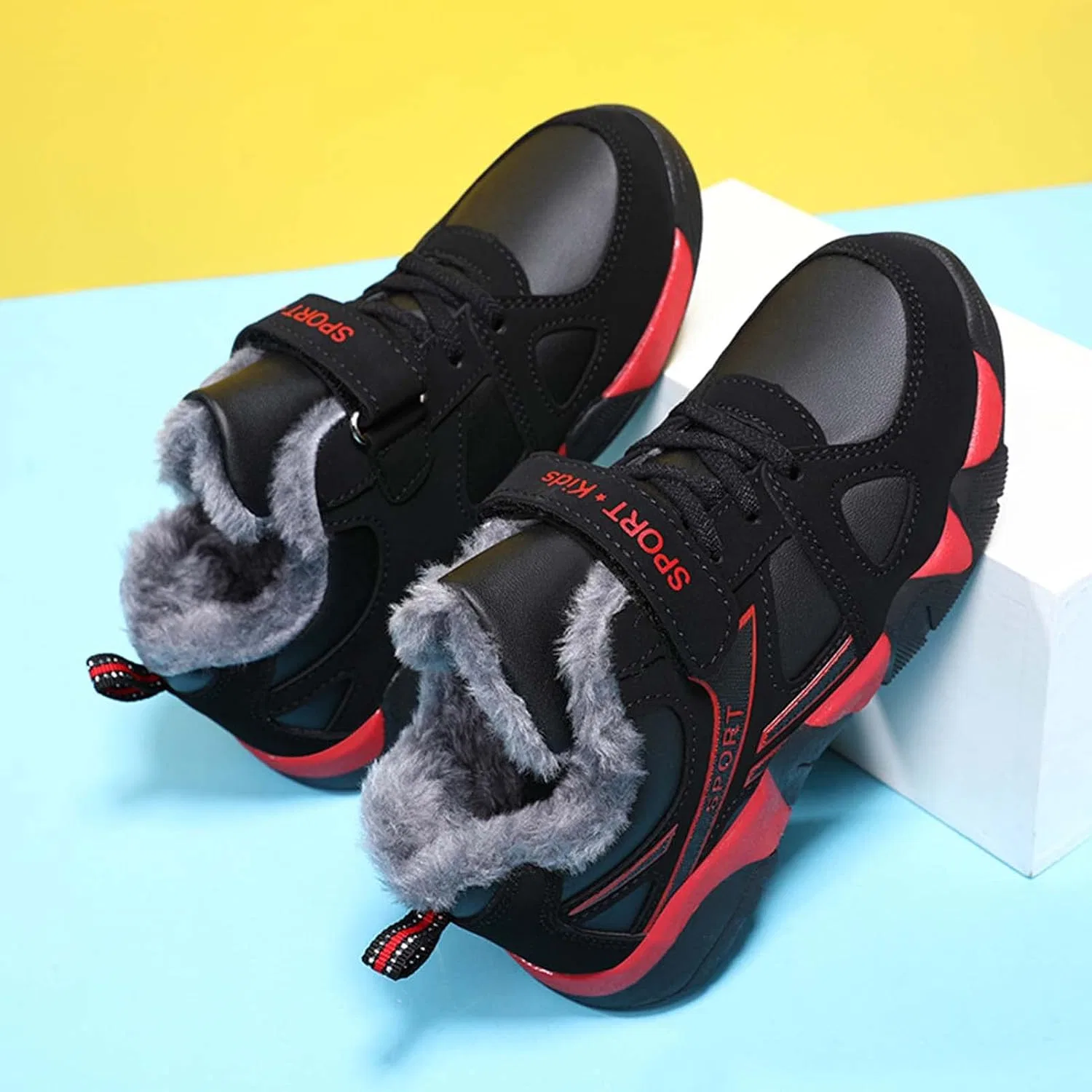 Детские зимние кроссовки с искусственным мехом для мальчиков Eliogn, Black/Red — фото 4
