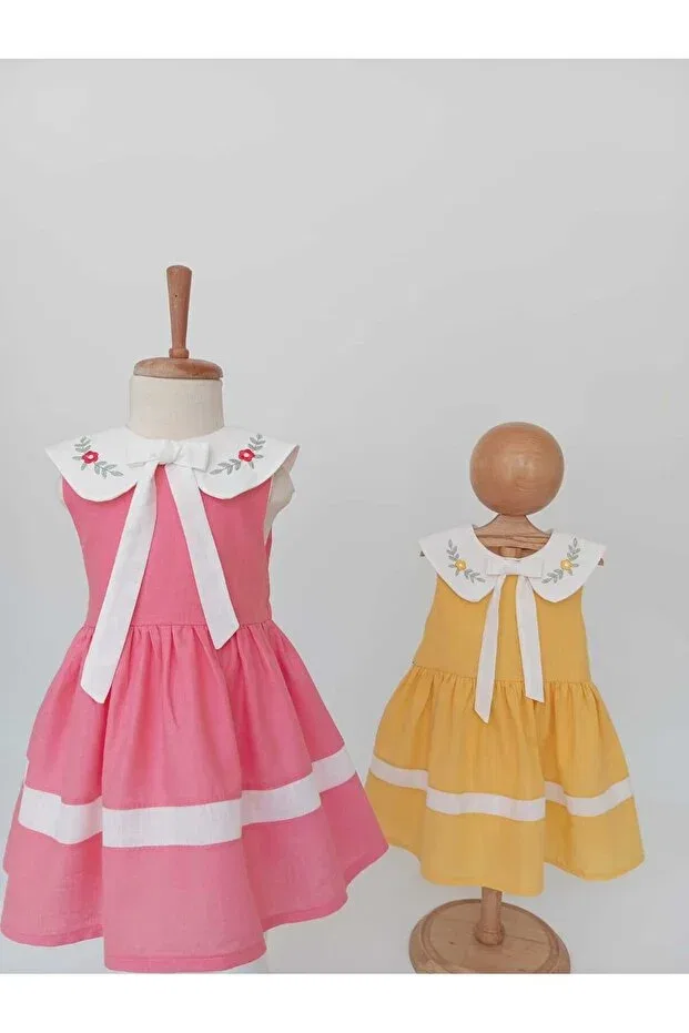 Детское платье для девочек с принтом Embroidered collar bow detailed belted girl's dress Baby, Sarı — фото 4