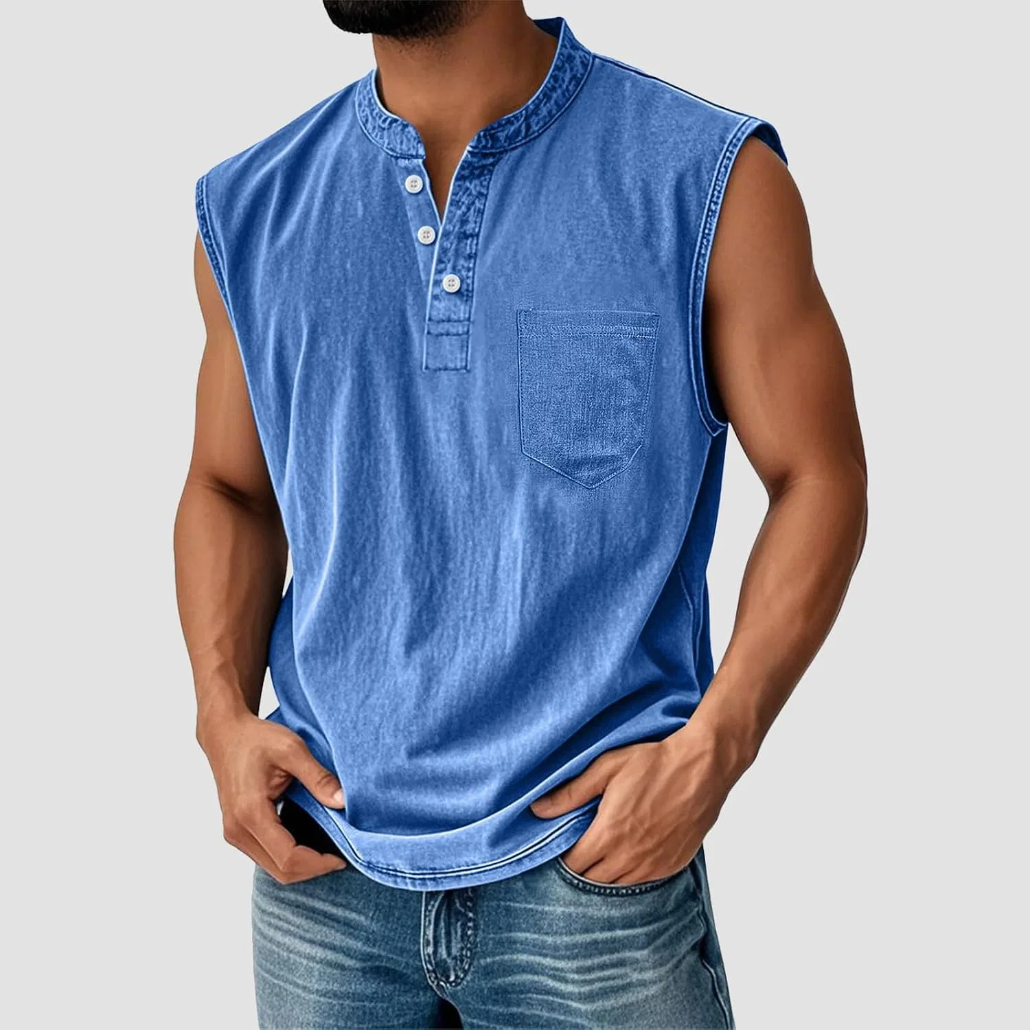 Мужская безрукавка с полузастежкой Henley изношенная, Blue — фото 2