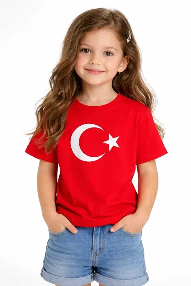 Детская футболка с принтом Zero Collar Short Sleeve White Moon-Star Turkish Flag Printed Red 23 April Children's The Woow, Red — фото 2