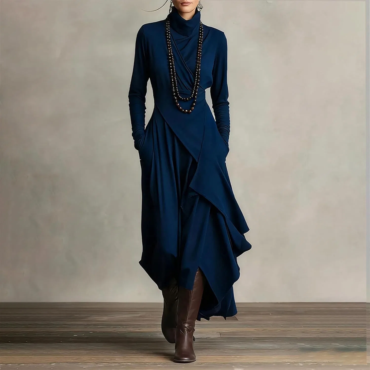 Женское платье с воротником-стойкой макси с карманами, Blue — фото 2