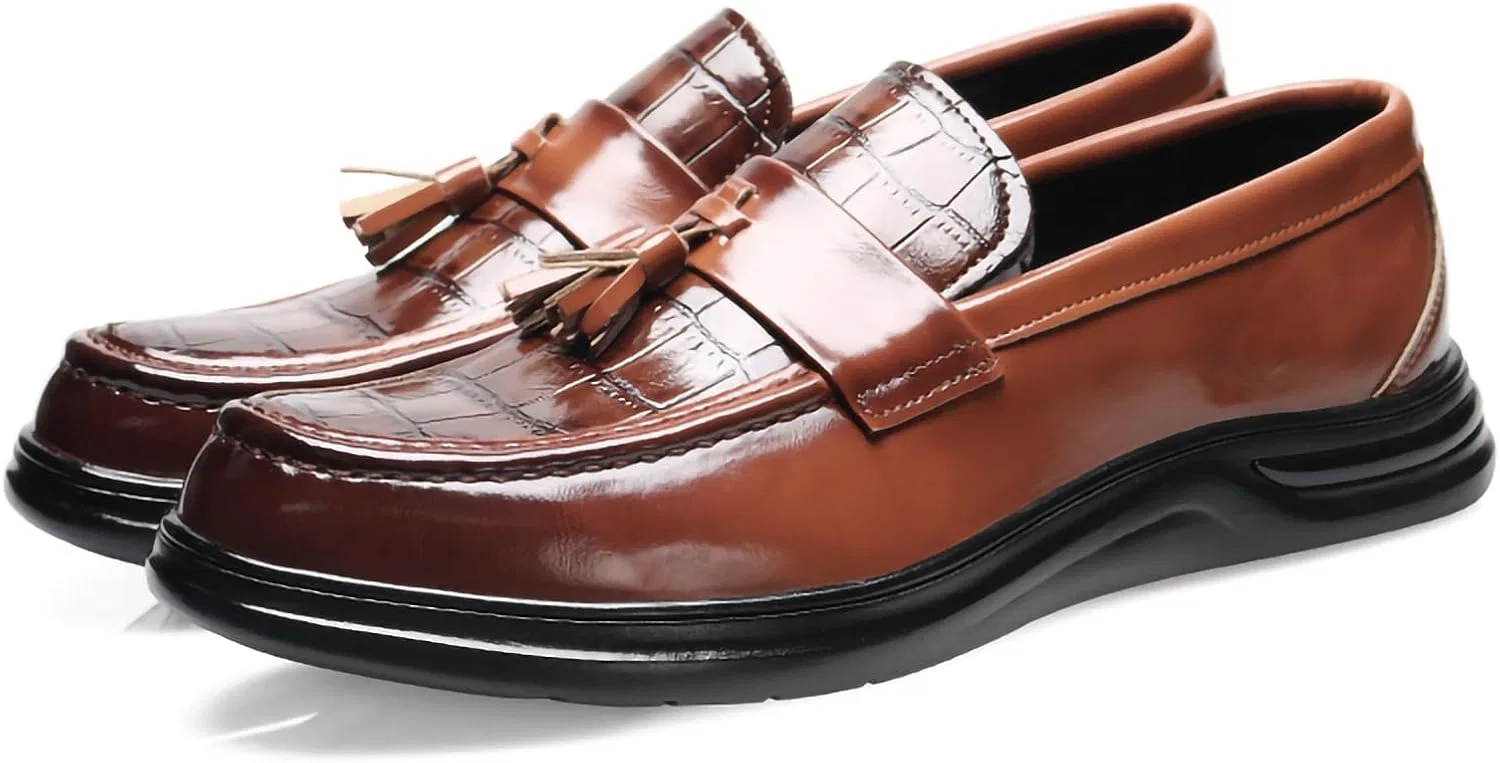 Лоферы с кисточками, Croc Pattern, PU кожа, Men's, Penny Loafers, Light Brown — фото 2