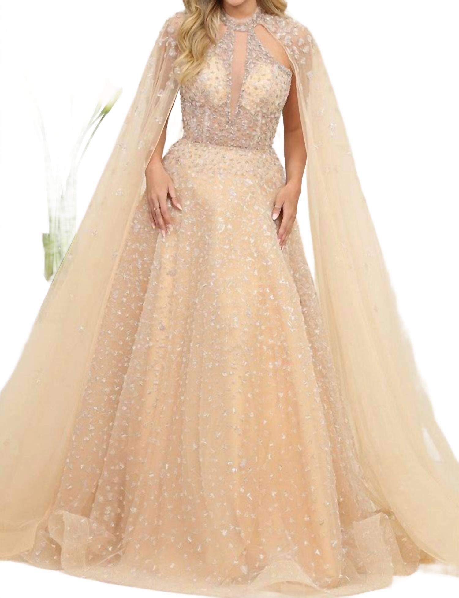 

Платье-накидка с ажурным узором и блестками цвета шампанского Ladivine, Champagne