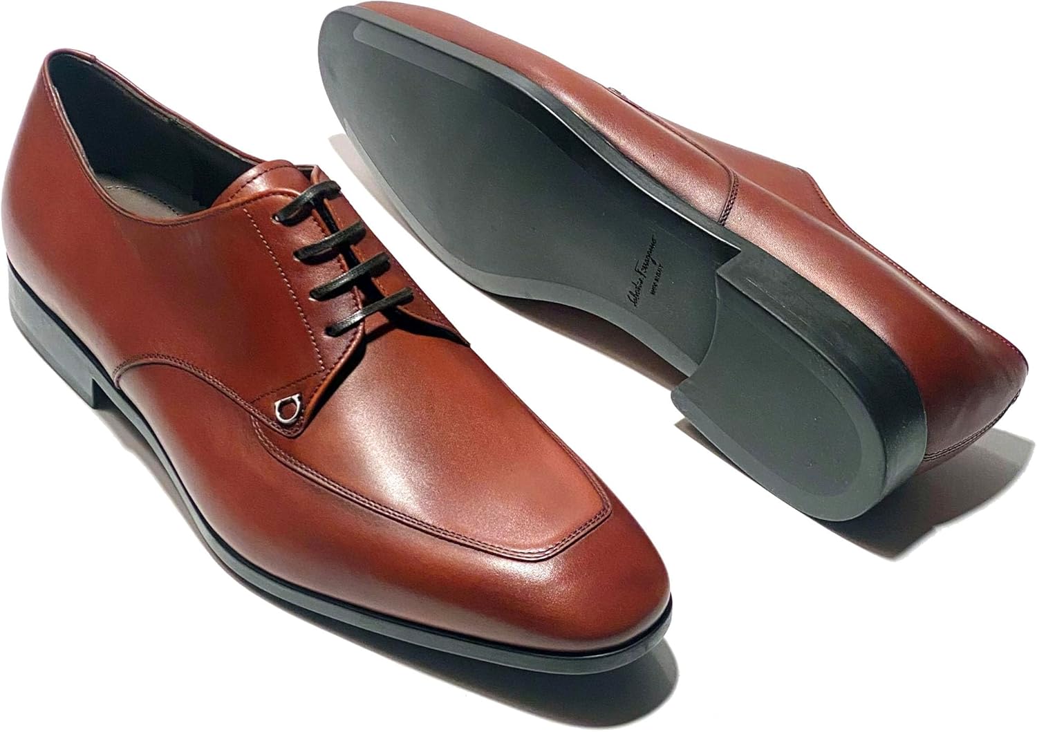 Мужские классические туфли оксфорды Ferragamo Tristano Leather Gancini Portagas (коричневые) на шнуровке (Salvatore) — фото 4