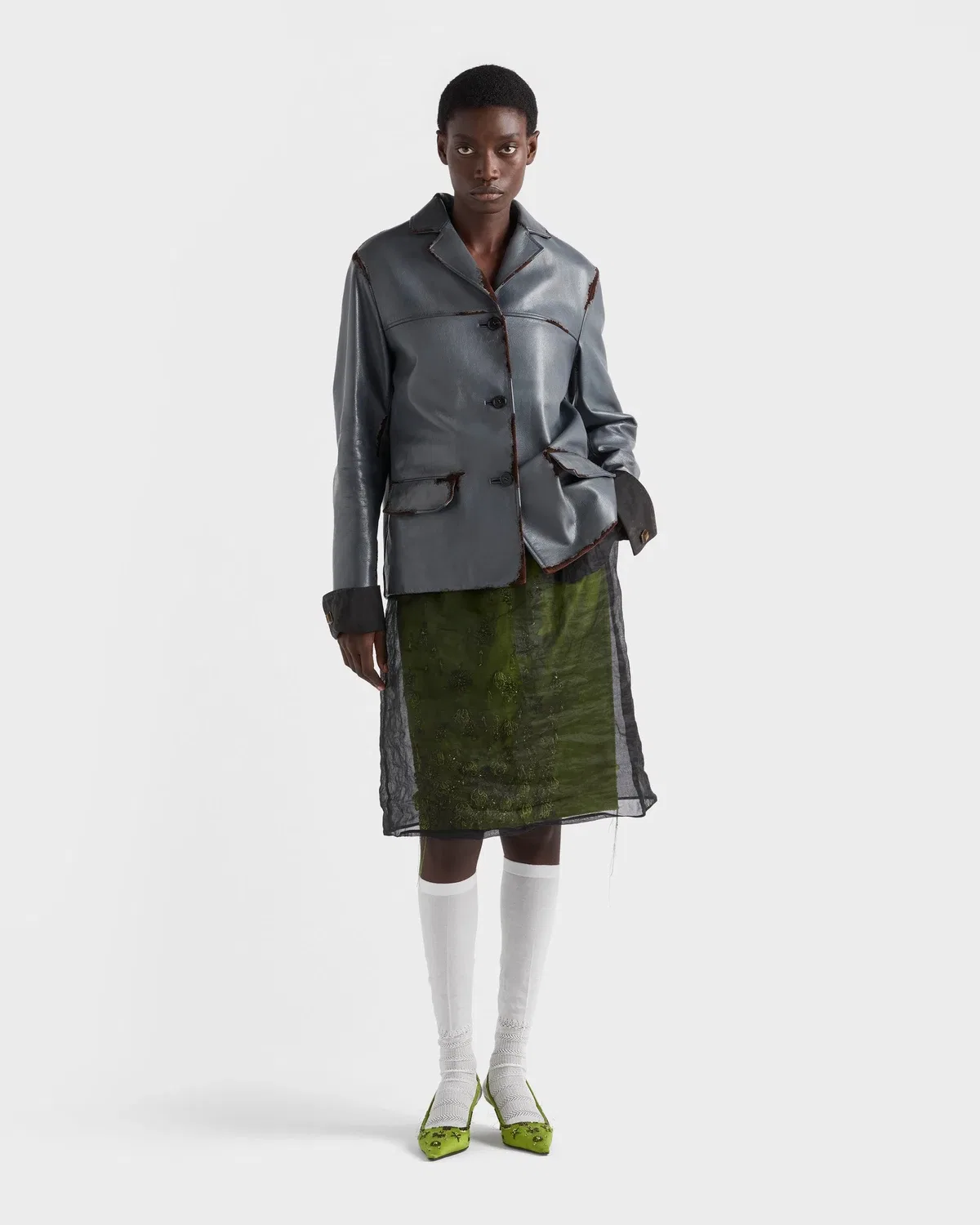 Куртка кожаная с замшей Prada, серый — фото 2
