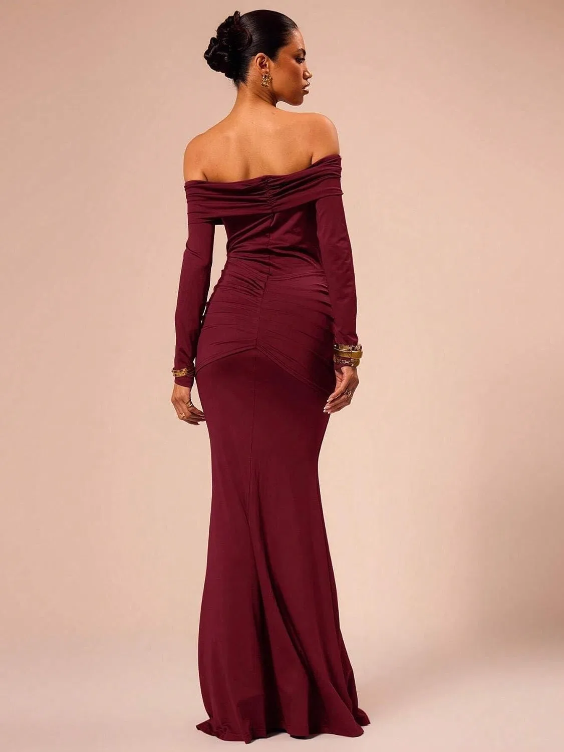 Женское длинное платье-бодикон с запахом Off Shoulder, Burgundy — фото 2