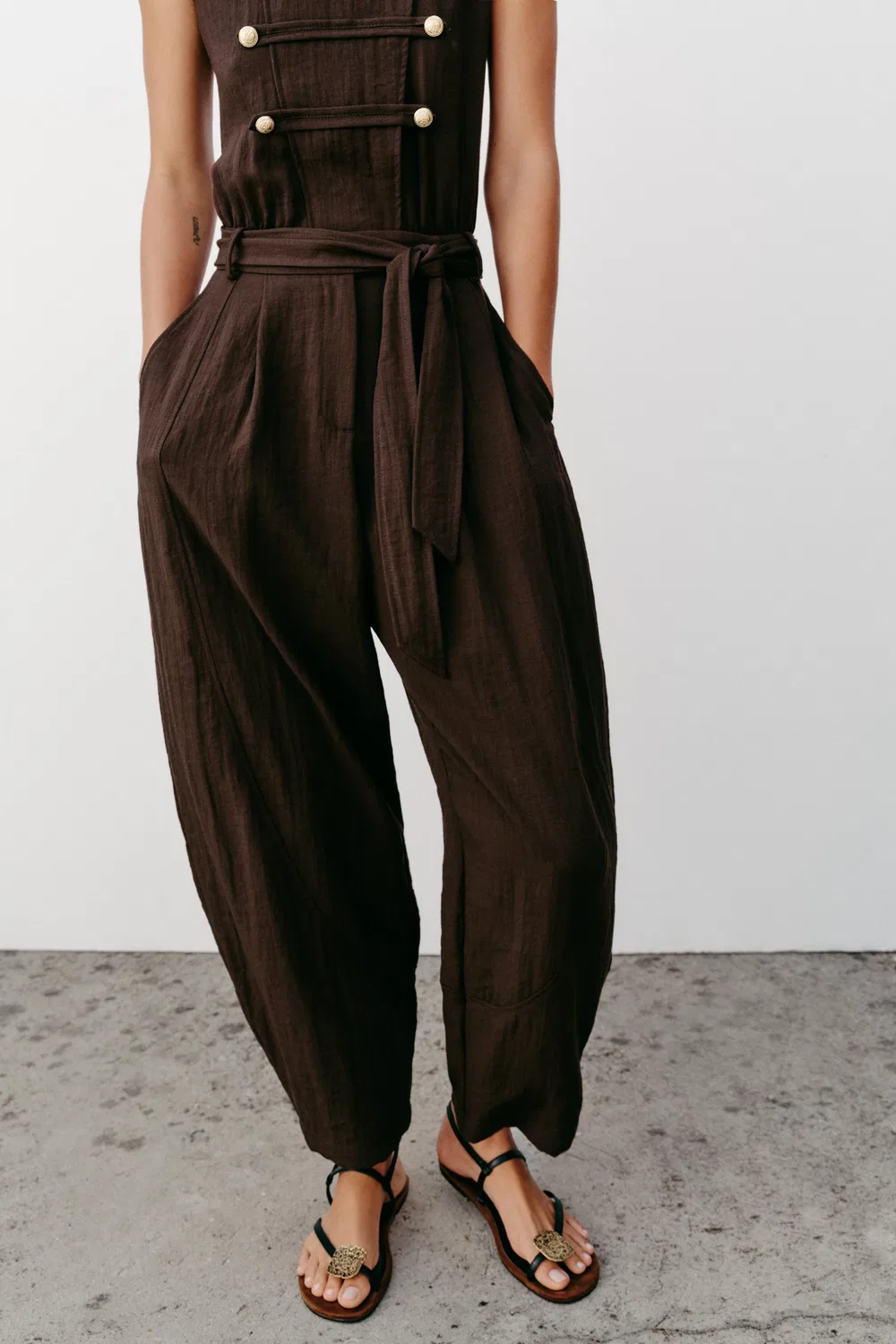 Комбинезон с застежкой в виде лягушки и поясом ZARA, Brown — фото 3