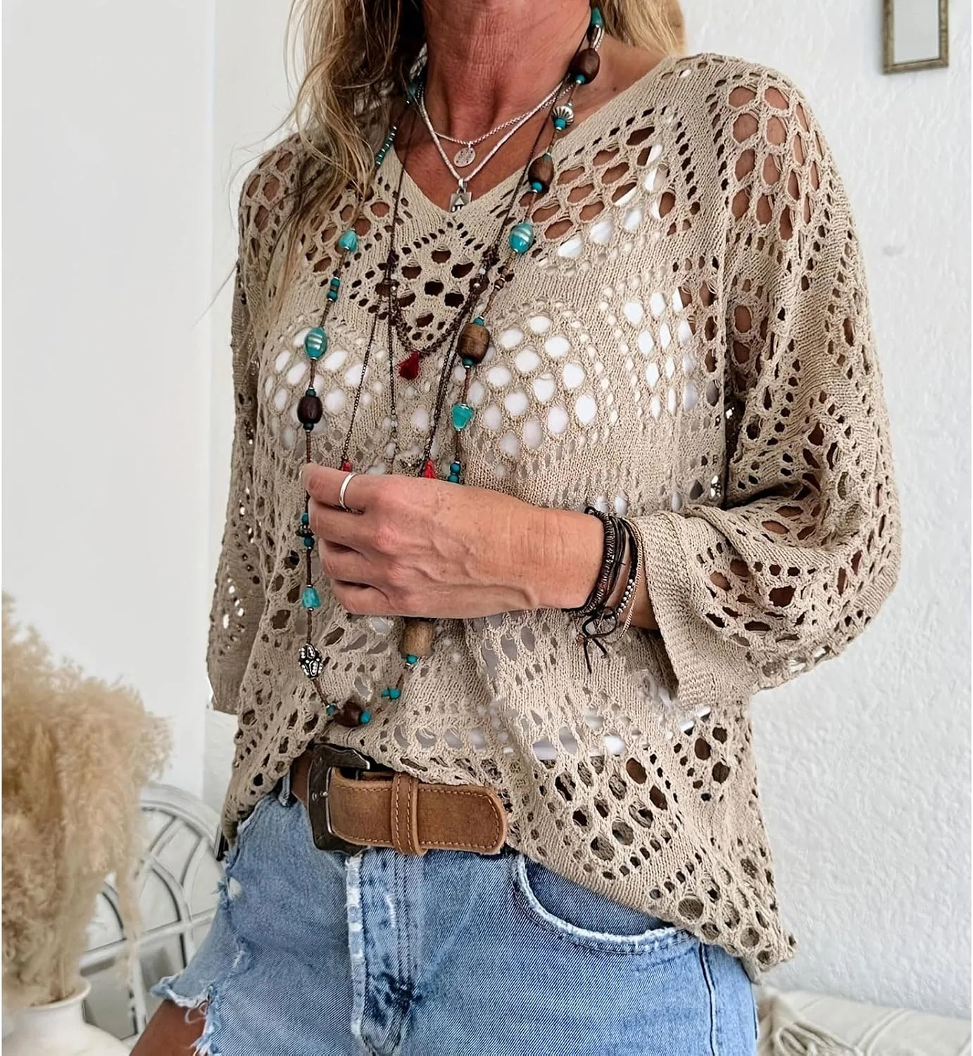 Женская ажурная вязаная накидка Crochet Hollow Out, Khaki — фото 2