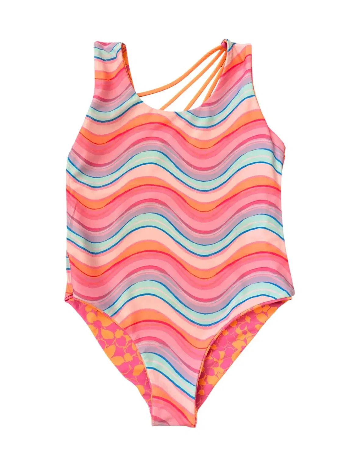 Детский купальник слитный двусторонний с цветочным принтом Summer Sun Reversible feather 4 arrow, Magenta Punch — фото 3