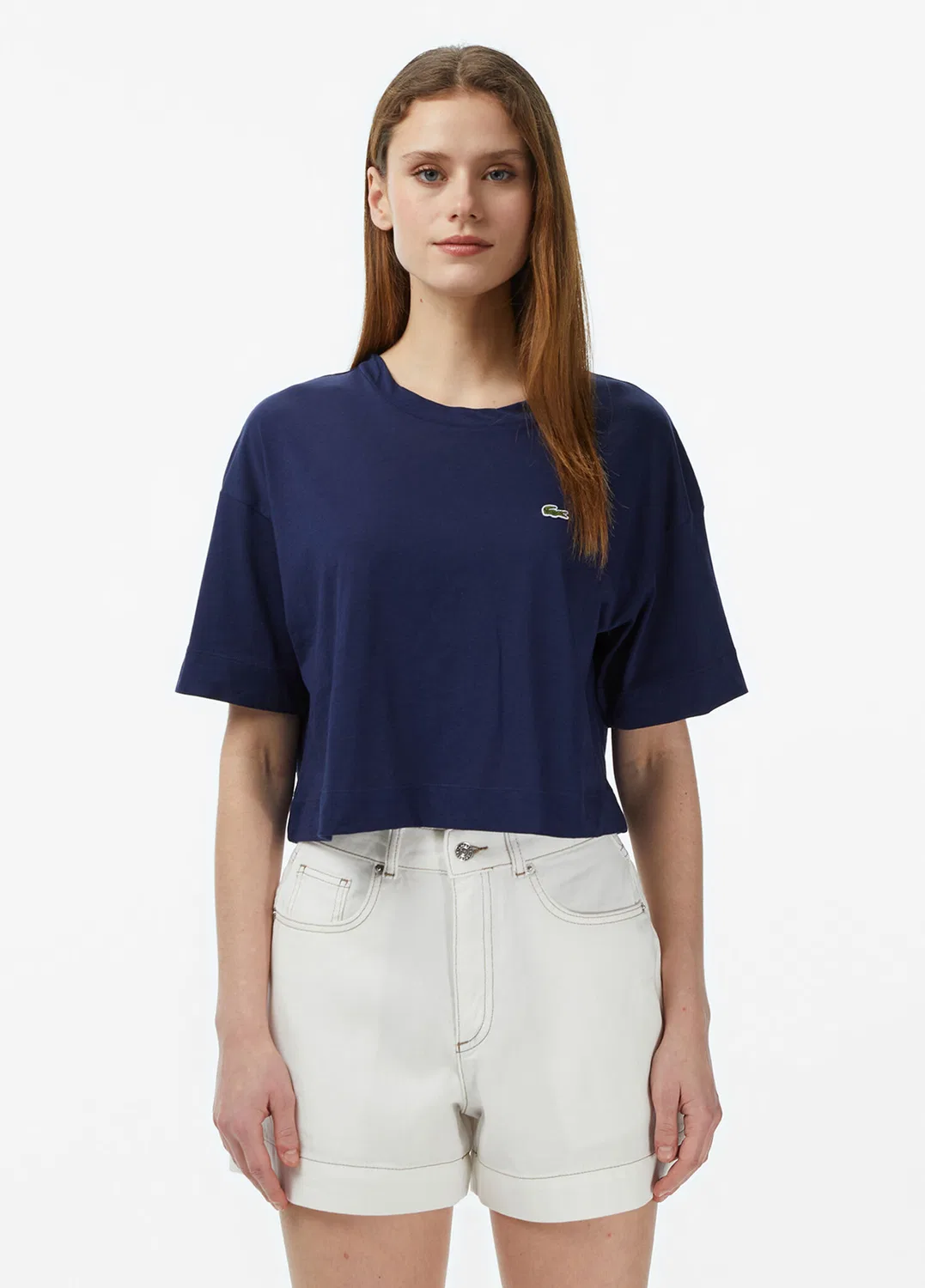 Футболка Lacoste женская, темно-синяя, базовый крой