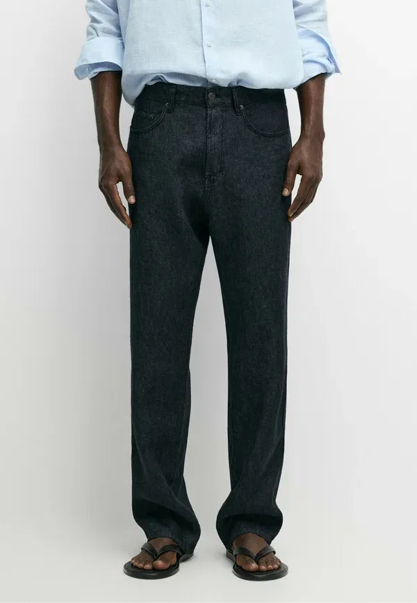 Джинсы из льна Straight leg jeans Massimo Dutti, Mottled Dark Blue, темно-синий