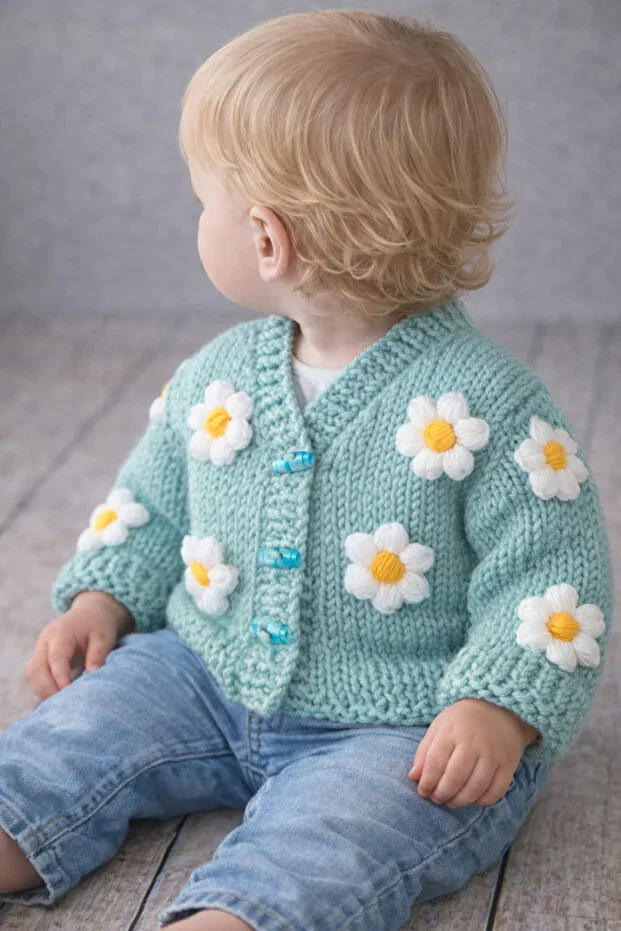 Детский кардиган для девочек с принтом Hand Knitted Turquoise Color Daisy Crop Seraskids, Turquoise