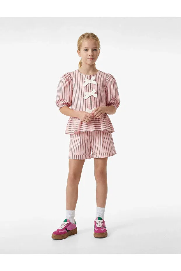 Детские шорты для девочек хлопковые Cotton pocket detailed striped shorts Koton, Pink Striped — фото 4